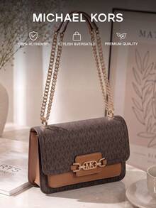 Michael Kors MK Heather Large Logo Shoulder Bag, Women's Classic Flap Crossbody Bag, Casual Square Handbag With Chain Strap - Brown - View 1