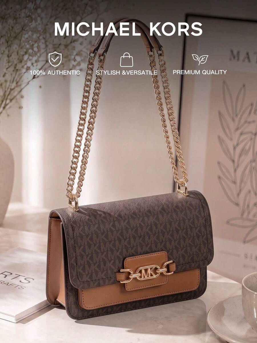 Michael Kors MK Heather Large Logo Shoulder Bag, Women's Classic Flap Crossbody Bag, Casual Square Handbag With Chain Strap - Brown - View 1