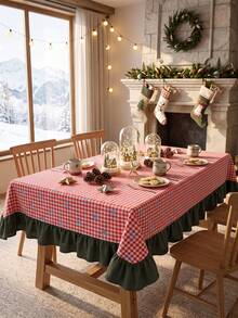 1pc Red & White Classic Small Plaid Blue Bow Print Tablecloth, Traditional Country Style Rectangular Green Leaf Edge Pleated Detail Stain-Resistant Protective Table Cover, Suitable For Christmas Family Gathering And Winter Holiday Dining Room Decor - Red - View 7