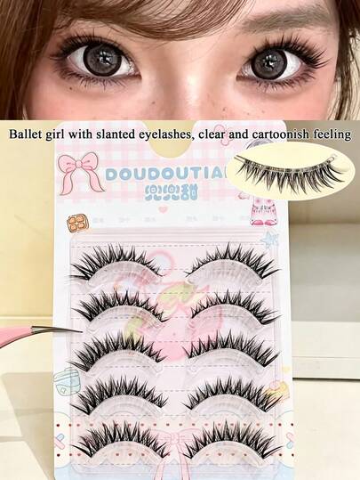 DOUDOUTIAN 5 Pairs Ballet Girl Strip False Lashes, Thai & Soft European Mixed-Race Spiky Makeup, V-Shaped Baby Hairs Curved Winged Lashes 7-12mm, Manga Photo Ready Eyelashes