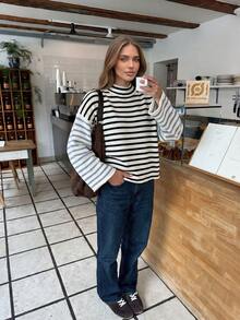 Joy Knit Women's Sweater Autumn/Winter Fashion New Style - Minimalist Casual Versatile Home Daily Outing Outfit - Round Neck Retro Striped Color Block Loose Sleeve Knit Pullover Sweater Long Sleeve - Office Outfits For Women - Going Out Tops - Party - White - View 2