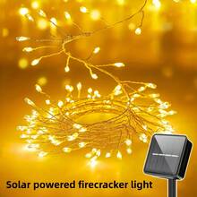 Christmas Halloween Warm Color Solar Powered Firecracker Fairy String Lights, Available In 5M100LED, 8M200LED, 11M300LED Three Specifications, Suitable For Various Yard And Window Display Scenes. The Cluster Light Beads Simulate Firecracker Shape, With Compact Arrangement, Warm Light Flows Gently, Creating A Romantic Atmosphere Like A Sky Full Of Sparkling Fireworks. Solar Powered System, Collects Sunlight Energy During The Day, Light-Controlled Sensor Automatically Detects Day And Night - Solar Firecracker String Lights - View 3