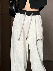 GRIM PANDA Women's Spring Autumn Wide Leg Sweatpants, Contrast Elastic Waist Drawstring Pants, Letter Embroidery Loose Soft Breathable Daily Streetwear Trousers - Light Grey - View 5