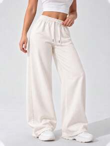 Women High Waist Wide Leg Pants Loose Fit Casual Trousers With Drawstring Waist Solid Color Pants For Everyday Outfit. - White - View 4
