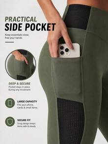 Women's High Waist Mesh Patchwork Pocket Sports Leggings, Colorblock Split Design Fitness Yoga Pants, Butt-Lifting High Elasticity Workout Tight Pants For Gym, Running, Casual Wear - Army Green - View 4