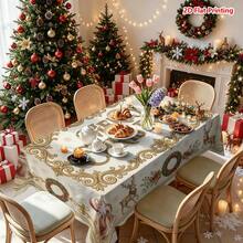 1pc Vintage Christmas Themed Tablecloth, Featuring Santa Claus, Reindeer, Wreath, Red Ribbon, Snowflake And Gold Scrollwork Border, With "Merry Christmas" Text In The Center, Suitable For Dining Table Decor, Kitchen Countertop Decoration, Picnic Camping Mat, Party Scene Creation, Farmhouse Style Accent And Holiday Tabletop Beautification. - Multicolor - View 6
