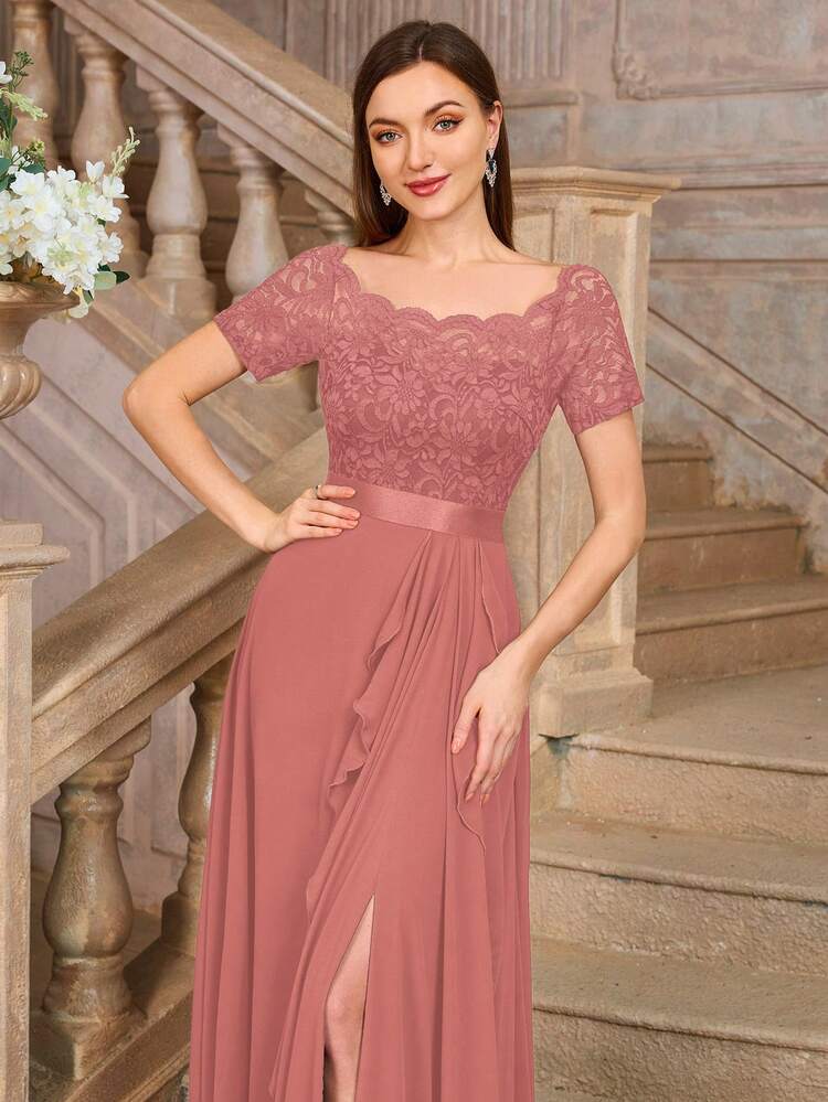 MIUSOL Boat Neck Floral Lace Patchwork Chiffon Ruffle Hem Evening Party Wedding Guest Maxi Dress - Dusty Pink - View 9