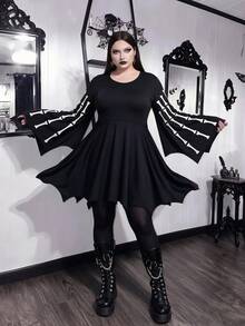 Halloween Gothic Skull Print Crew Neck Flare Sleeve Asymmetrical Hem Mini Dress, Plus Size Stretch Knit Fabric - Black - View 1