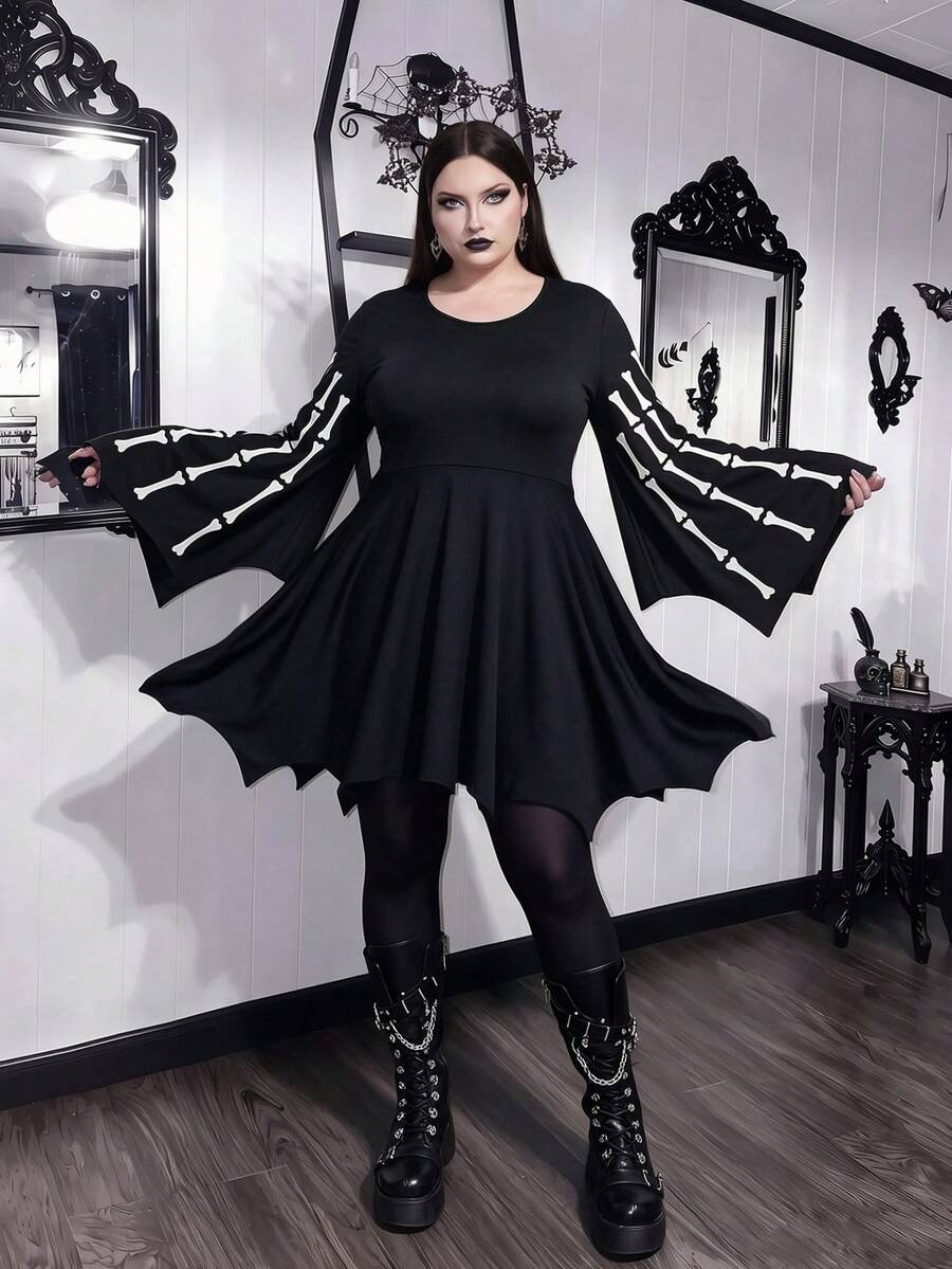 Halloween Gothic Skull Print Crew Neck Flare Sleeve Asymmetrical Hem Mini Dress, Plus Size Stretch Knit Fabric - Black - View 1