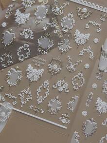 Vintage Baroque Nail Art Stickers, White & Gold Lace Frame Floral Pattern Nail Decals, Self-Adhesive Nail Decor For Wedding, Salon & Home Manicure DIY - Multicolor - View 2