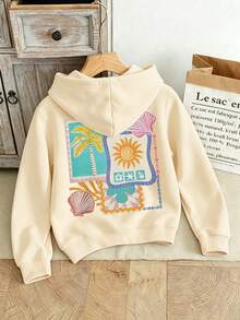 Tween Girls Casual Hooded Jacket, Sunny Beach Print Design, Girls Style, Autumn/Winter Wear, Minimalist Long Sleeve Crew Neck Pullover - Apricot - View 5