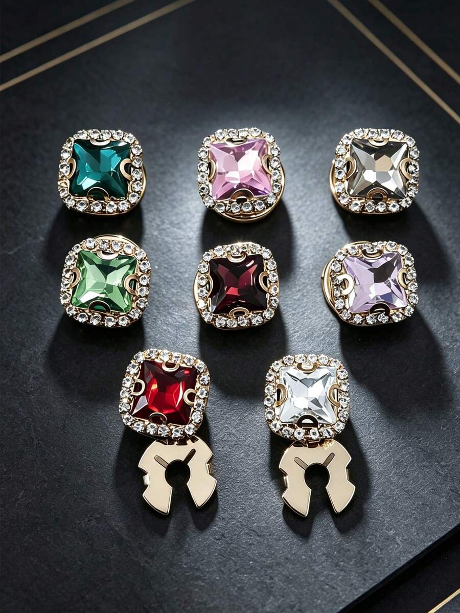 1pc Fashionable & Versatile Women's Jewelry, Stainless Steel Rhinestone Square Collar & Cuff Clips - Luxurious Women's Charm Jewelry, Suitable For Daily And Party Wear - Multicolor - View 1