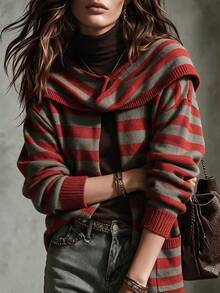 Women Striped Draped Collar Open Front Knit Cardigan, Long Sleeve Loose Fit Pocket Design Fall Casual Sweater Coat - Multicolor - View 1