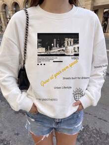 Women's Ribbed Knit Long Sleeve Crew Neck Pullover, Autumn Street Style Long Knit Sweatshirt - White - View 3