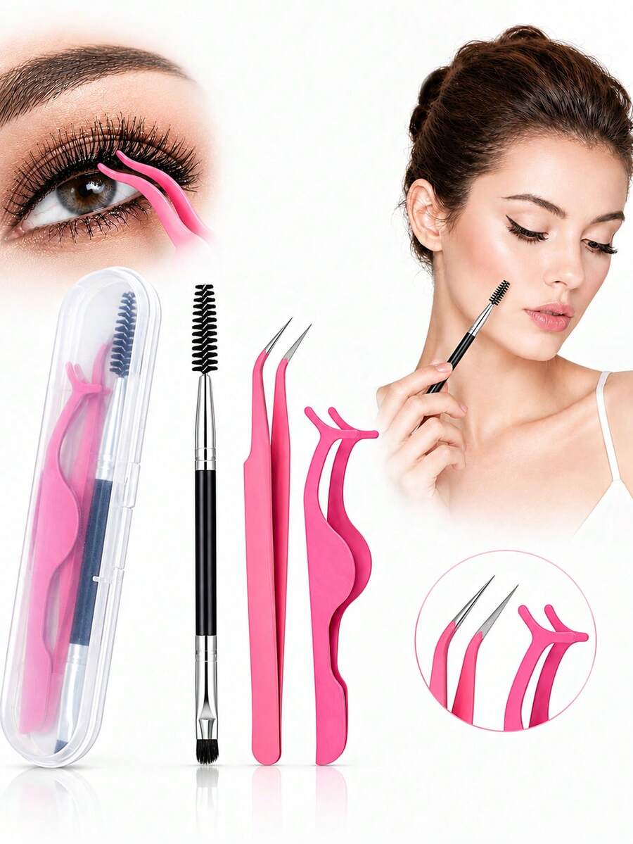 3/2/1pcs Curved Tweezers, Eyelash Curler And Eyelash Brush Set, Combination Of Curved Tweezers And Curved Eyelash Curler, Better Meets Multi-Layer Eyelash Extension Needs, Enhances User Experience - Multicolor - View 1