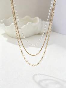 1pc 3-Layer Stacked Minimalist Versatile Necklace For Women, Stainless Steel With Gold Plating, Old Money Style - Gold - View 5