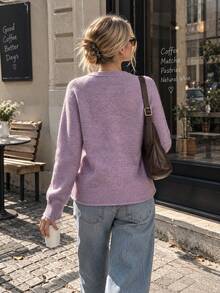 Women's Lilac Knitted Cardigan With Seashell & Starfish Buttons, Round Neck Long Raglan Sleeve Regular Fit Top For Fall & Winter - Lilac Purple - View 4