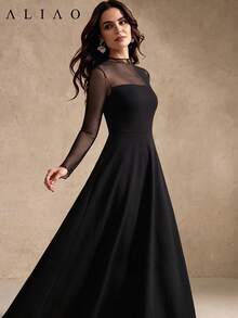 Spring/Autumn French Vintage Court Style Black Sheer Mesh A-Line Maxi Dress, Elegant Wedding Party Formal Gown - Black - View 6