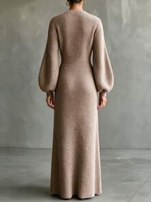 Women's Autumn/Winter Grey Brown Soft Ribbed Knit Crew Neck Lantern Sleeve Fitted Long Sweater Dress, Elegant Casual Daily Commute Layering Style - Maroon - View 8