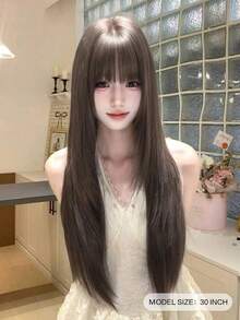 alicegarden 30-Inch Long Synthetic Wig Featuring A Natural Straight Style A Stunning Dark-Brown. Designed With Bangs , This False Hairpiece Is Perfect For Ms Daily Use, Offering A Natural And Natural Durable Wig Gift For Ladies. - Dark Brown - View 2