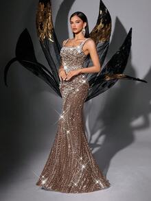LUVISTRUE Women's Pearl Embellished Evening Dress, Suitable For Summer Gala, Wedding Guest, Cocktail Party, Graduation Ceremony Fall - Coffee Brown - View 6