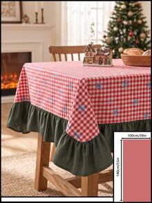1pc Red & White Classic Small Plaid Blue Bow Print Tablecloth, Traditional Country Style Rectangular Green Leaf Edge Pleated Detail Stain-Resistant Protective Table Cover, Suitable For Christmas Family Gathering And Winter Holiday Dining Room Decor - Red - View 15
