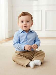 BOARNSEORL Infant/Baby BoyWhite Long Sleeve Button-Front Collared Shirt, Versatile & Comfortable For Daily, School, Events, Holiday Wear - Baby Blue - View 1