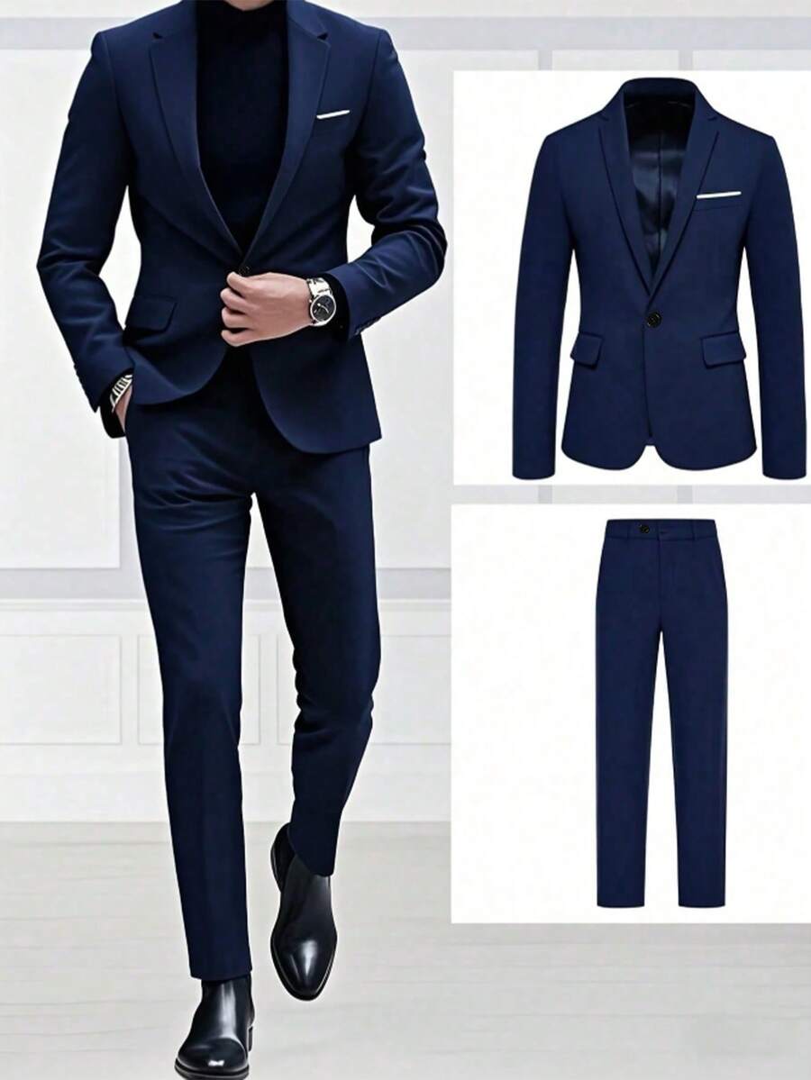 Men's Lightweight Casual Suit Set, Slim Fit, Including Jacket And Pants, Suitable For Spring, Summer And Autumn (Fabric Is Thin, Not Suitable For Winter Wear) - Navy Blue - View 1