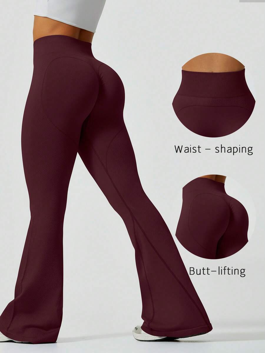 Burgundy Ribbed Waist Flare Pants, Heart-Shaped Butt Lift Design, Suitable For Dance, Outdoor, Gym Workout, Elastic Autumn/Winter Sports Pants - Burgundy - View 1