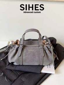 1pc Solid Color PU Leather New Women's Backpack, Shoulder Bag, Crossbody Bag, Fashion Square Handbag, Boston Bag, Zipper Closure, Dual Handles, Suitable For Commuting, Shopping, Dating, - Grey - View 9
