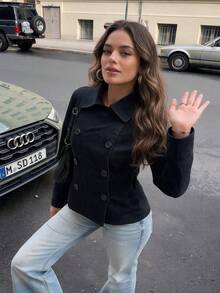 Women Double Breasted Windbreaker Lapel Long Sleeve Coat Casual Outfits For Fall Winter Daily Commuting Going Out Dating - Black - View 5