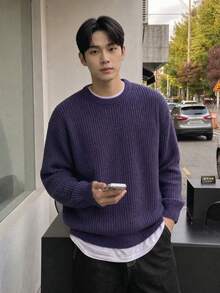 Men's Autumn/Winter Basic Solid Color Casual Fitted Lightweight Sheer Polyester Pique Texture Niche Design Long Sleeve Drop Shoulder Crew Neck Pullover Sweater - Mauve Purple - View 1