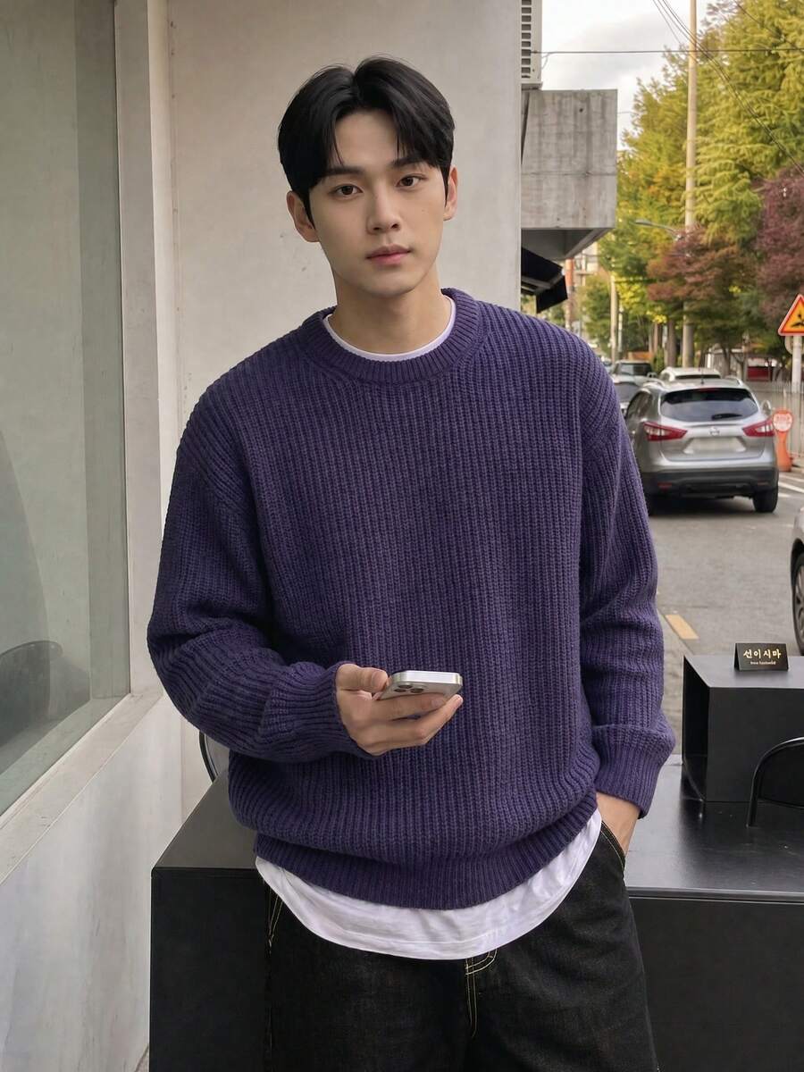 Men's Autumn/Winter Basic Solid Color Casual Fitted Lightweight Sheer Polyester Pique Texture Niche Design Long Sleeve Drop Shoulder Crew Neck Pullover Sweater - Mauve Purple - View 1