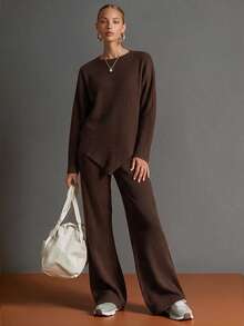 Korean Style Lazy Vertical Stripe Knit 2 Pieces Set, Waist-Cinching Split Top And High-Waist Flared Pants Commuter Outfit - Brown - View 3