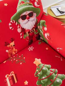 1pc Christmas Santa Claus Ruffle Hem Geometric Pattern Printed Living Room Elastic Spandex Sofa Cover Protector For Chaise Lounge L-Shaped Sofa Cushion Full Coverage 1/2/3/4 Seater - Multicolor - View 5