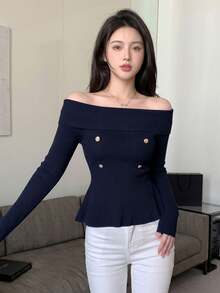 2026 Double-Row Gold Button Off-Shoulder Ribbed Knit Top, Fold-Over Off-Shoulder Slim Fit Long Sleeve, Ruffle Fish Tail Hem Waist-Cinching Cropped Base Layer, Commuter Sexy Aesthetic Elastic Knit Sweater - Royal Blue - View 5