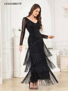 Robe de soirée Top de gamme pour femmes, patchwork, manches longues, à franges et perles, robe de banquet, de fête et de vacances - Noir - Voir 1