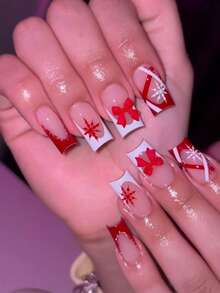 10Pcs Handmade False Nails,Press On Nails Handmade,Nails Acrylic Press On,Christmas Red 3D Bow Snowflake Glitter French Square Style,Removable Reusable Fake Nail Tips,For Women Autumn Winter Xmas Holiday Party Dating Wear - Red - View 2