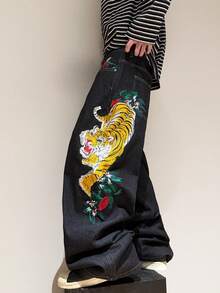 1pc American Street Fashion Tiger Embroidery Men's Loose Wide-Leg Jeans, Comfortable Casual Versatile Denim Pants, All Season - Black - View 6