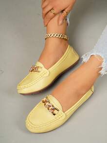 Women's Spring New Gold Chain Elegant Slip-On Loafers, Lightweight Comfortable Versatile Rubber Flat Shoes - Yellow - View 5