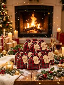 Christmas Gift Red Plaid Drawstring Storage Bag, Suitable For Women/Men, Small Gift Bag, Plaid Pattern, Drawstring Closure, Ideal For Wedding Favors, Jewelry Storage, Christmas Candy, Birthday Party Supplies, Handmade Bead Storage - Multicolor - View 1