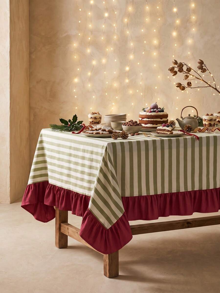 1pc Green & White Thin Striped With Burgundy Ruffle Edge Tablecloth, Christmas Holiday Style Fabric Material, Rectangular Burgundy Ruffle Edge Patchwork Detail, Stain-Resistant Protection, Tabletop Decoration And Beautification Function, Suitable For Christmas Dessert Table Arrangement And Holiday Party Scenes - Red - View 1
