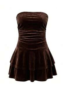 Women's Velvet Mini Tube Dress, Ruched Waist Design, Layered Ruffle Hem, Suitable For Autumn Night Out, Cocktail Party, Nightclub, Halloween Costume - Brown - View 7