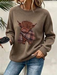 Autumn/Winter Essential: Cute Highland Cow Plaid Knit Scarf, Casual & Warm, With Adorable Animal Pattern, Elevate Your Seasonal Look - Earth Gray - View 5