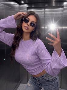 Women's Casual Faux Sweater Batwing Sleeve Cinched Waist Slim Fit Cropped Top, Suitable For Daily Wear, Autumn/Winter, Winter/Autumn Outfits, Going Out - Purple - View 2