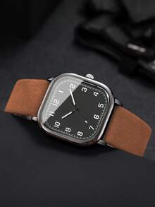 Men's Leather Strap Fashion Casual Square Minimalist Digital Scale Dial Classic Quartz Wrist Watch (1pc/Set) Watch Box Not Included - Brown - View 5