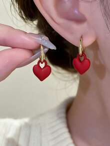 1 Pair French Style Exquisite Sweet Vintage Red Heart Hoop Earrings, Minimalist Fashion Luxury Elegant Design Versatile Ear Studs, Suitable For Women's Daily, Holiday, Commute Wear - Multicolor - View 2
