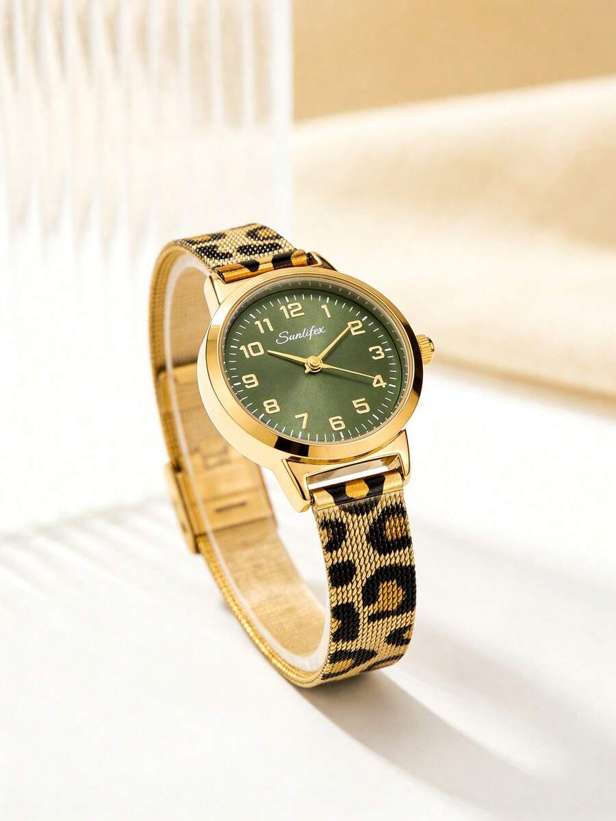 SUNLIFEX 1pc Ladies' Round Retro Style Quartz Watch, Gold Alloy Case, Green Digital Dial, Leopard Print Metal Mesh Strap Fashionable Watch - Green - View 1
