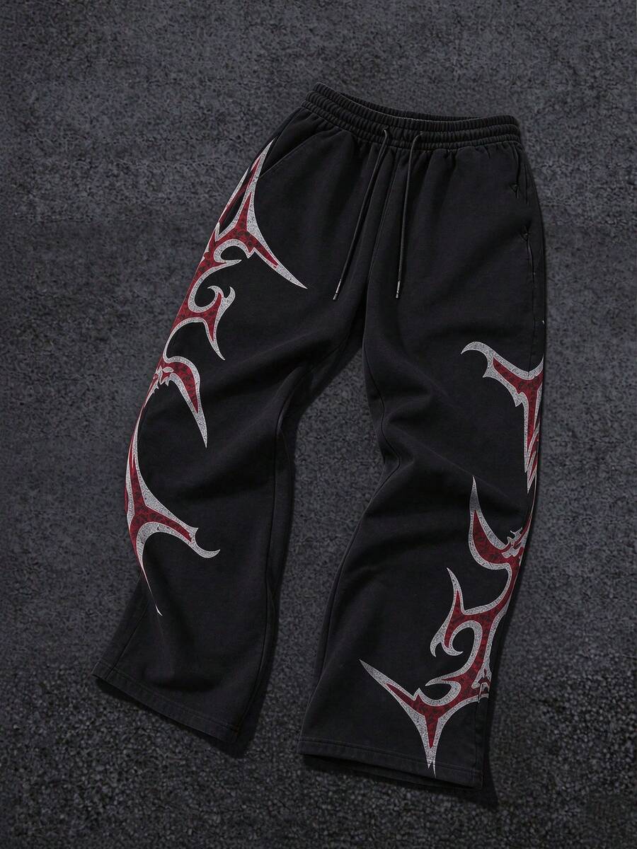 FRACTYR Men's High Street Style Totem Print Sweatpants, Dual-Side Pattern Elastic Drawstring Draped Wide Leg Loose Print Long Pants - Black - View 1