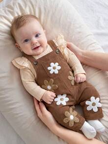 Baby Girl Autumn 2 Pieces Set, Flutter Sleeve Ribbed Top And 3D Floral Corduroy Long Pants, Gentle Style For Daily Wear And Outings - Brown - View 8